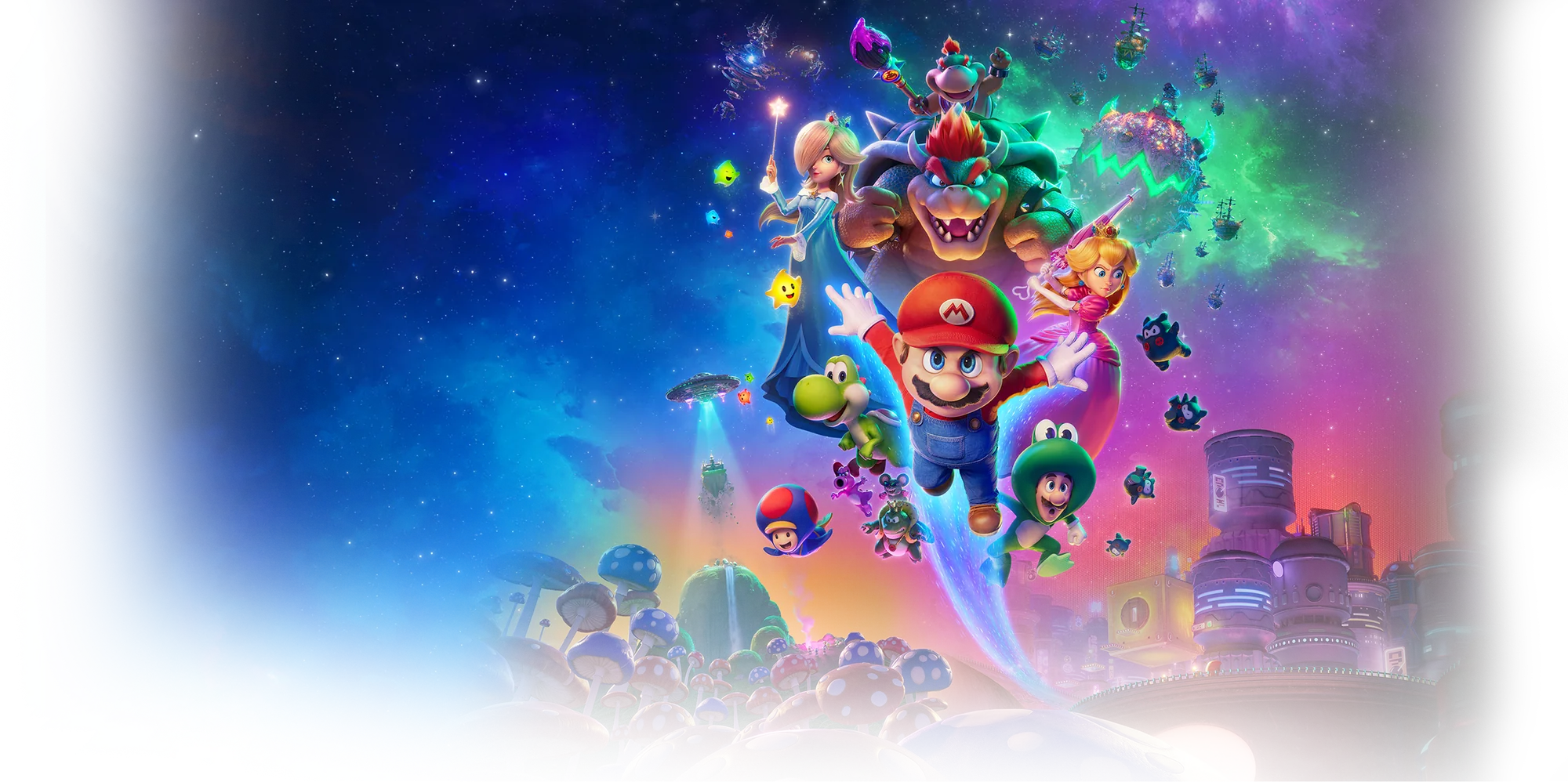 The full cast of The Super Mario Galaxy Movie gathered under a swirling galaxy