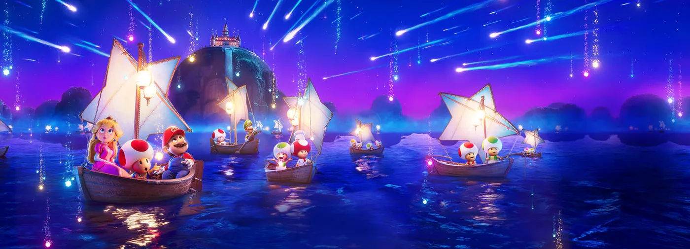 Official poster art: lantern boats drifting over a neon night market