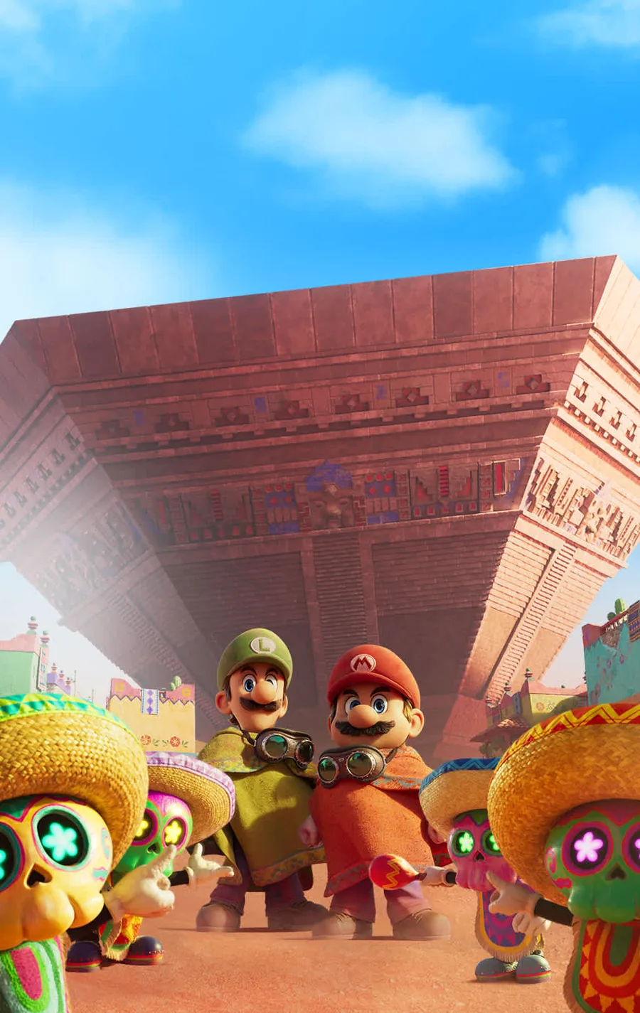 Official poster art: Mario and friends before a desert pyramid world
