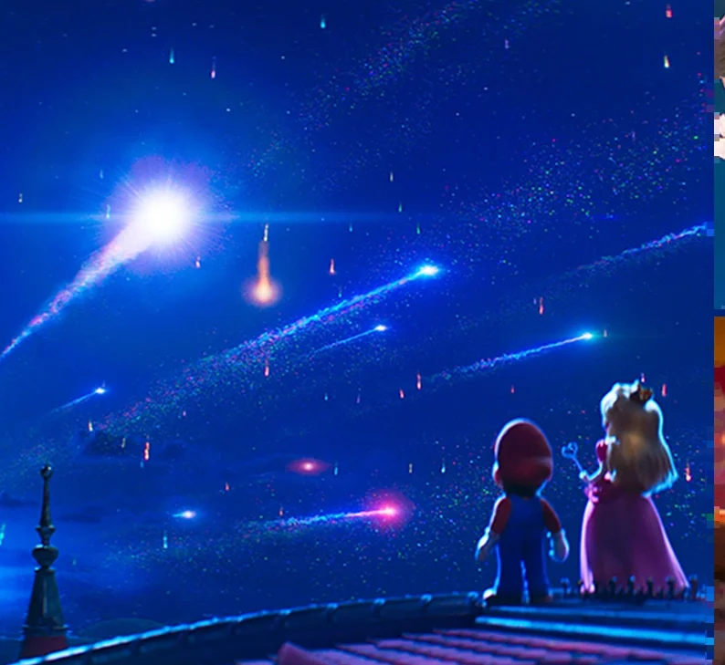 Movie still: Mario and Peach watch comets rain over the galaxy