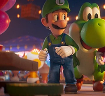 Mario, Luigi, Yoshi and the Toads lit by festival lanterns before liftoff