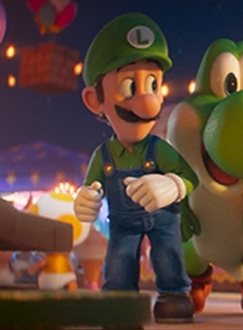Movie still: Luigi, cap and all, looking very, very concerned at the lantern festival
